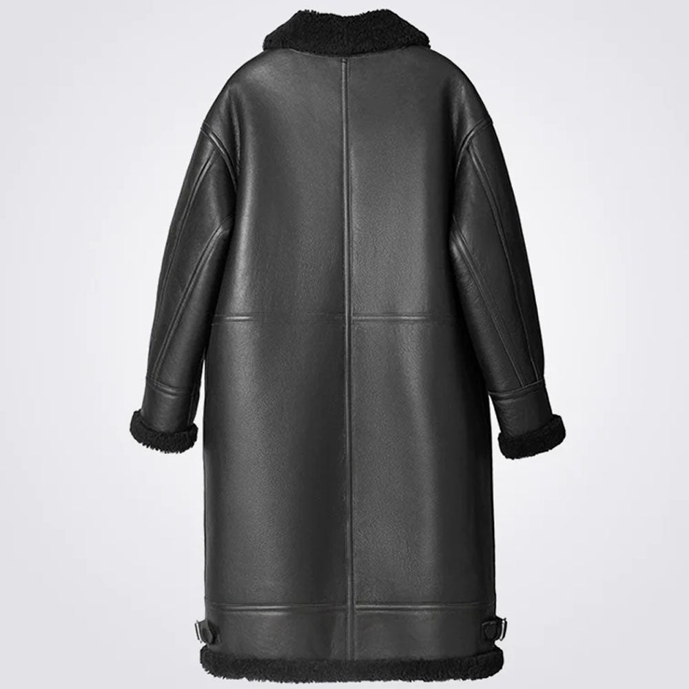 Men's Black Long Shearling Leather Sheepskin Coat