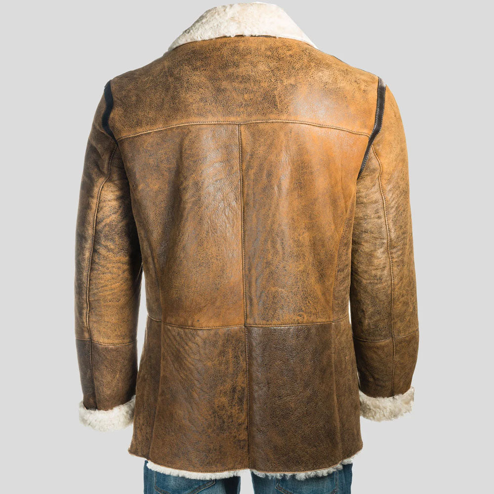 Men's Brown Sheepskin Double Breasted Shearling Leather Coat