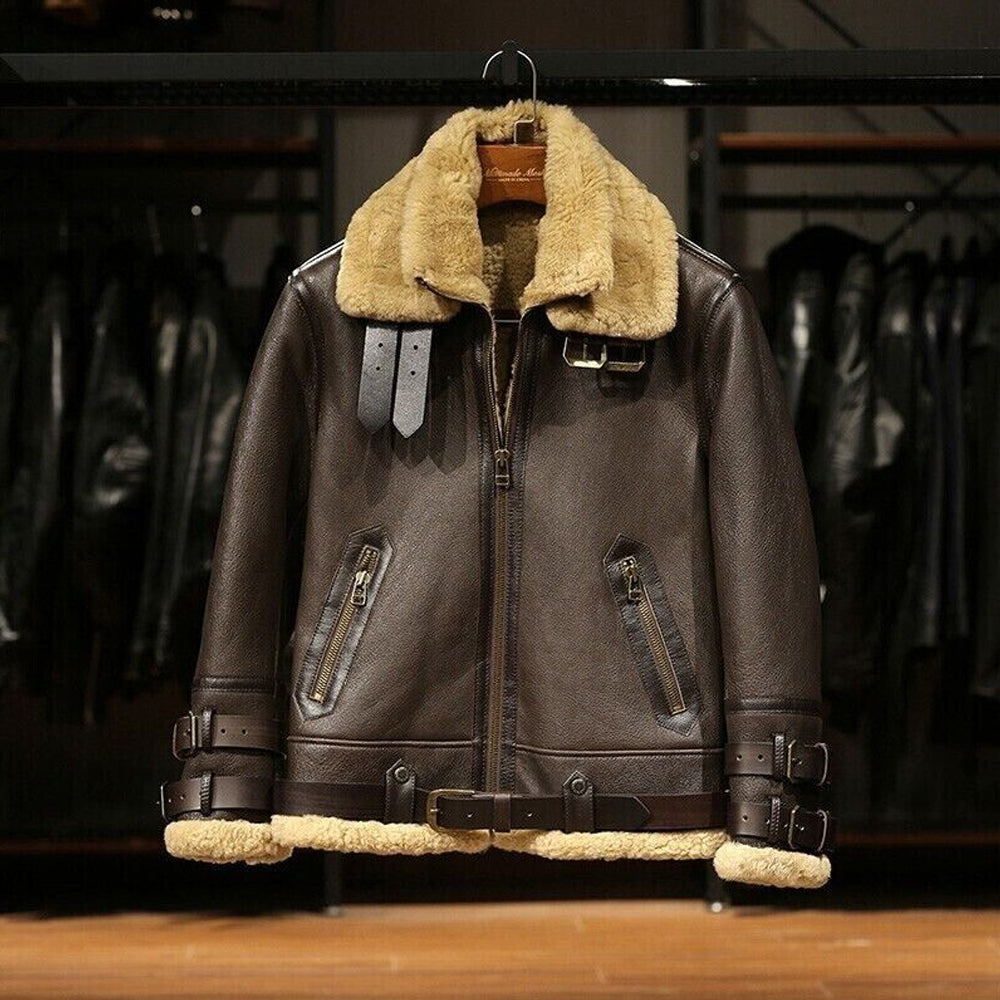 Front view of Men's Sheepskin Aviator RAF Bomber Jacket in classic brown leather with a spread collar, zip closure, and buckle accents.