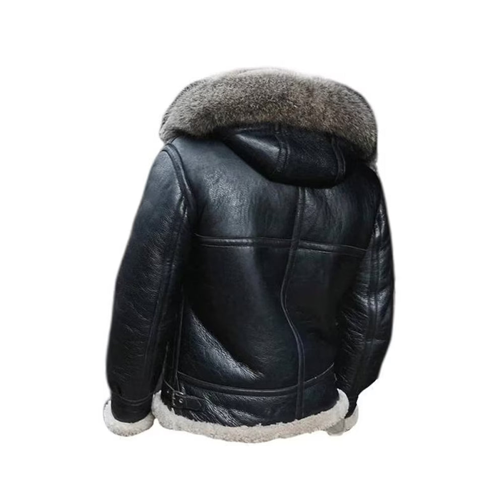 Hooded Black Pilot Shearling Flight Sheepskin Leather Jacket