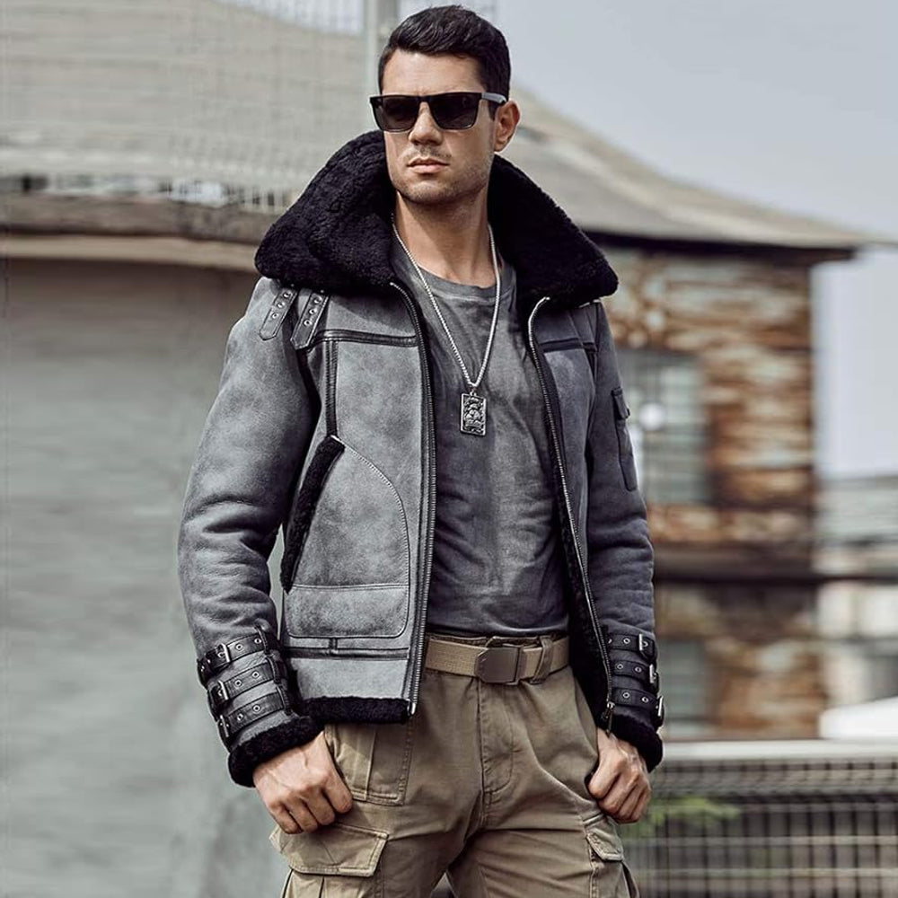 Man wearing Men's Gray RAF Aviator B3 Bomber Jacket with open zipper and relaxed fit.