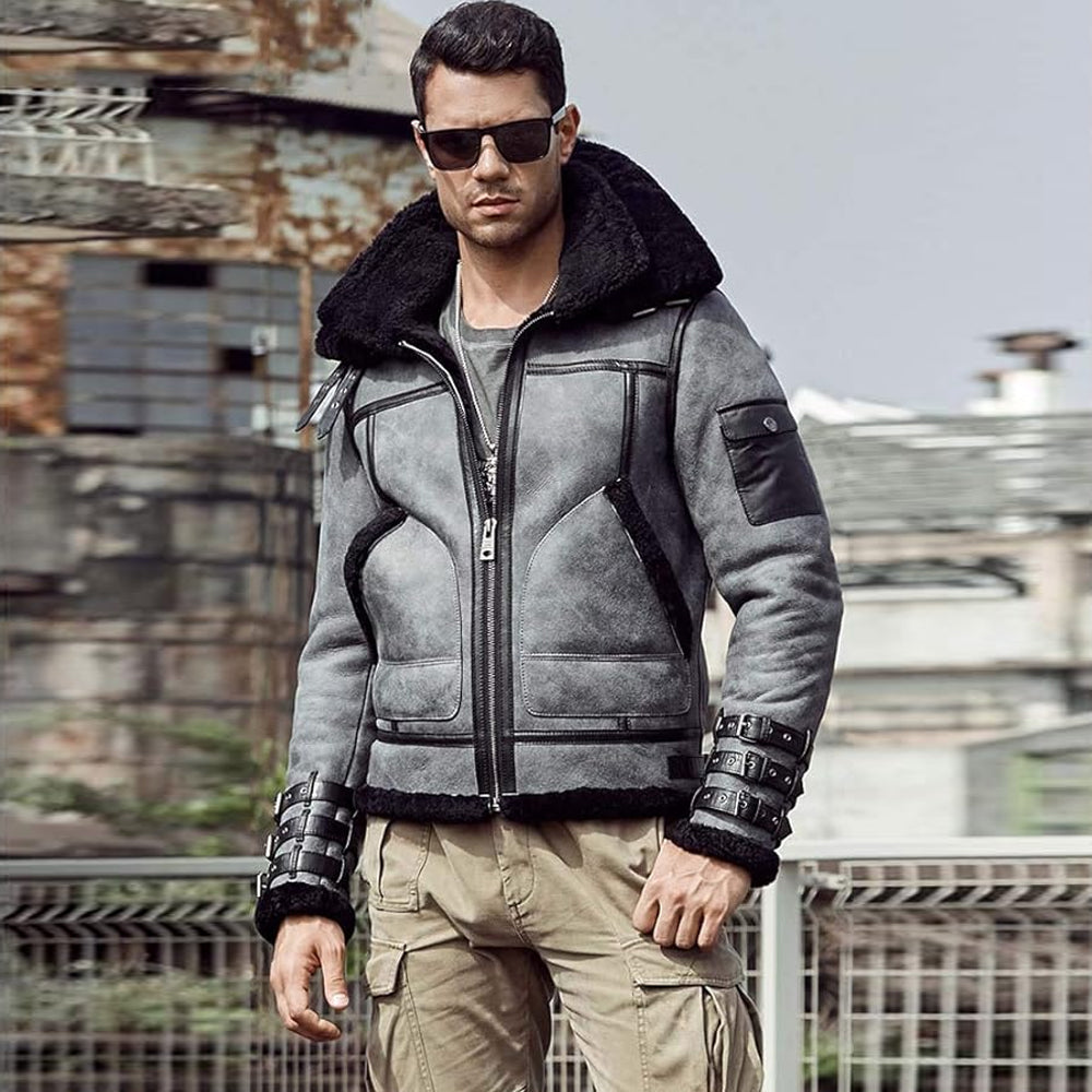 Side view of man wearing Gray RAF Aviator B3 Bomber Jacket with close zipper and casual style.