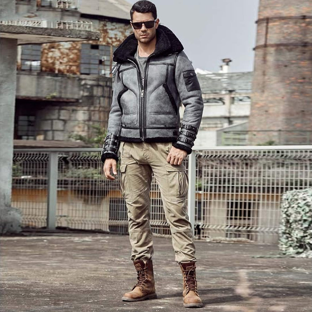 Full-body shot of man wearing Gray RAF Aviator B3 Bomber Jacket with closed zipper and jeans.