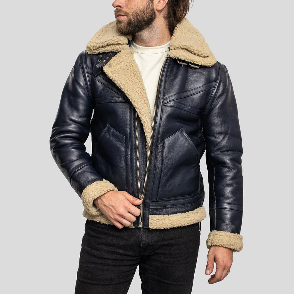 New Men's Sheepskin Shearling Flight Black Leather Jacket