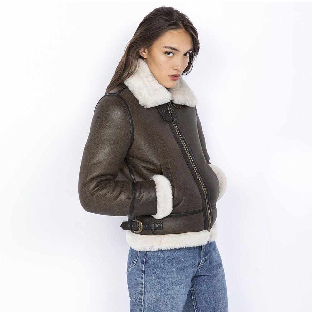 Women Brown Shearling B3 Bomber Sheepskin Leather Jacket