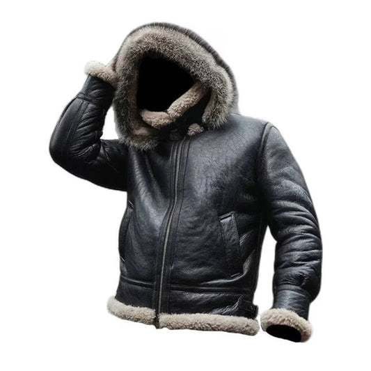 Men's Hooded Black Pilot Shearling Flight Sheepskin Leather Jacket