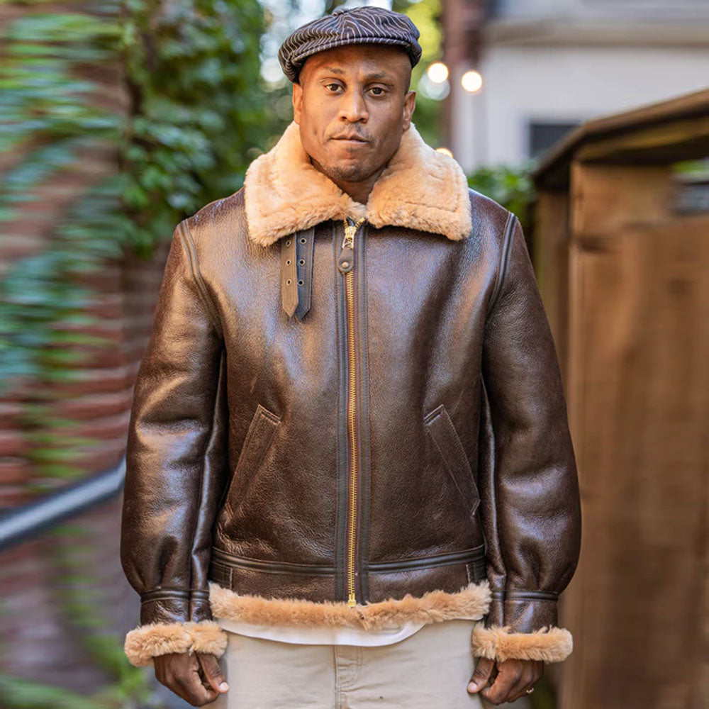 B-3 Sheepskin Leather B3 Bomber Shearling Jacket Brown with Gold