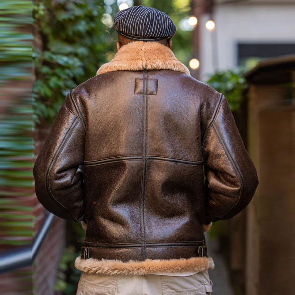 Sheepskin Leather B3 Bomber Shearling Jacket Brown with Gold