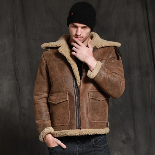 Men's Brown B3 Sheepskin Fur Shearling Leather Jacket Coat