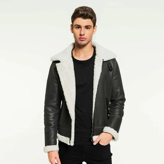 Men's Grizzle Gray Sheepskin Aviator Shearling Leather Jacket