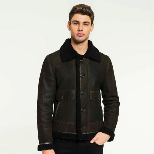 Men's Dark Brown Sheepskin Aviator Shearling Leather Jacket