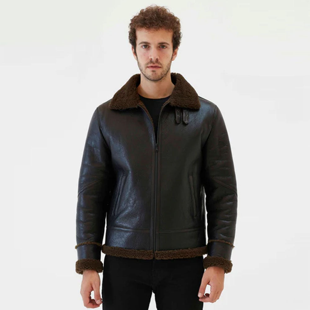 Men's Dark Brown Aviator Sheepskin Shearling Leather Jacket