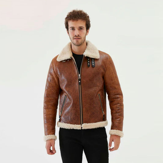 Men's Brown Aviator Sheepskin Shearling Leather Jacket