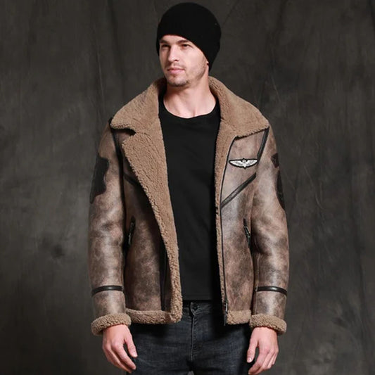 Men's Brown B3 Aviator RAF Waxed Sheepskin Shearling Leather Jacket