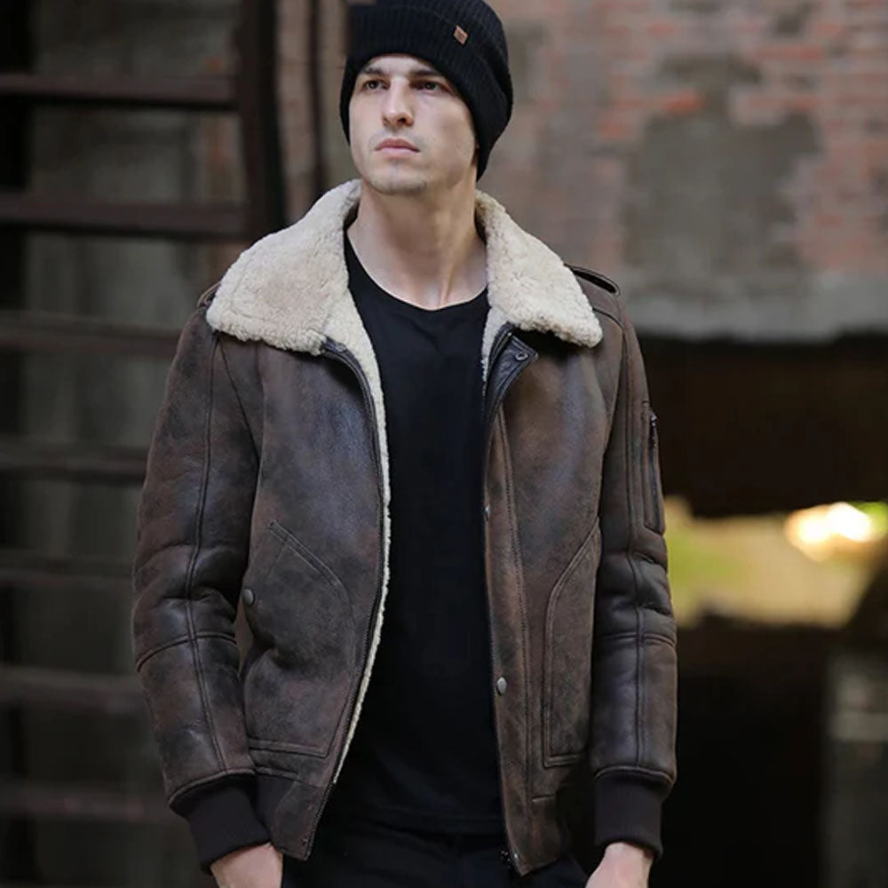 New B3 Brown RAF Flight Sheepskin Shearling Leather Jacket For Men