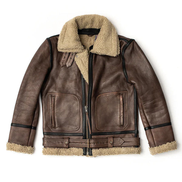 Men's Dark Brown Double-Buckle B-3 Shearling Bomber Jacket Flat Lay