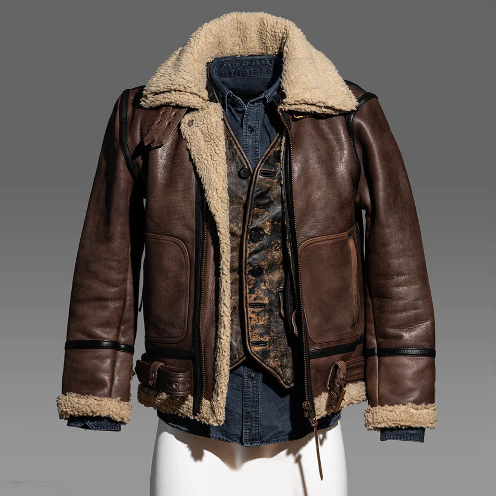 New Flying Fur Aviator Brown Shearling Leather Jacket For Men