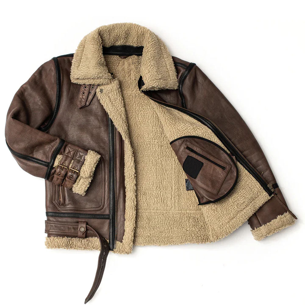 New Sheepskin Flying Fur Aviator Brown Shearling Leather Jacket