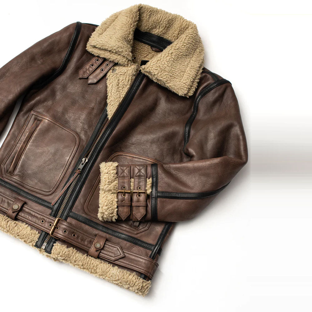 New Sheepskin Flying Fur Aviator Brown Shearling Leather Jacket For Men