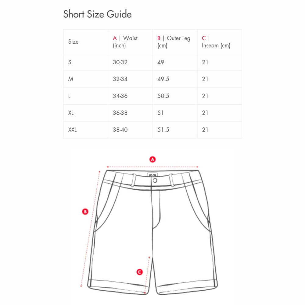 Size chart for Men’s Genuine Sheepskin Leather Shorts, showing waist and inseam measurements for a perfect fit.