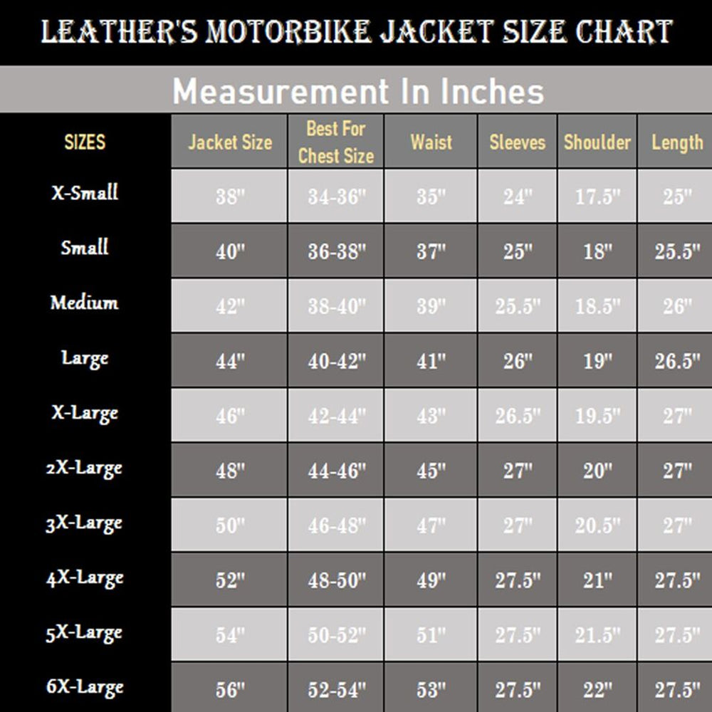 Size chart for motorcycle racing leather jacket and suit, available in XS, S, M, L, XL, 2XL, 3XL, 4XL, 5XL and 6XL