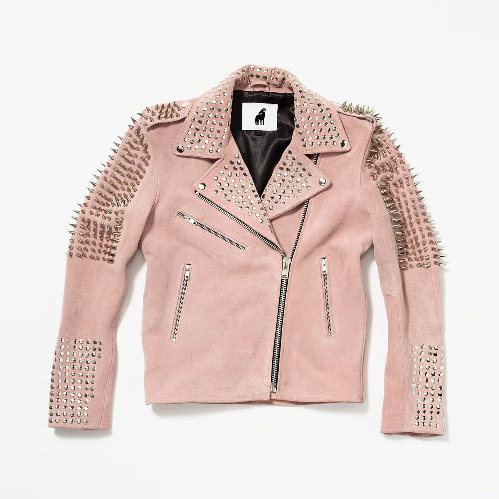 Women Pink Studded Suede Leather Spiked Jacket