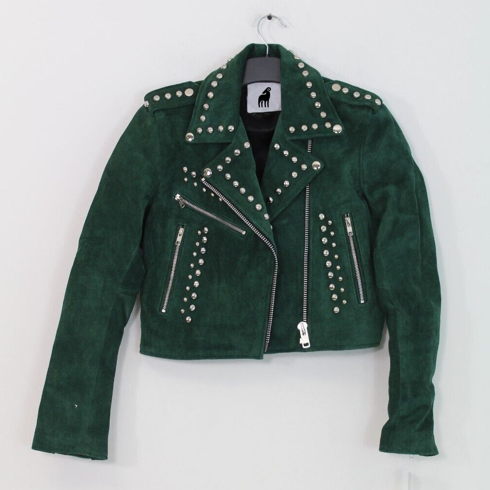 Green Spiked Suede Leather Studded Jacket For women