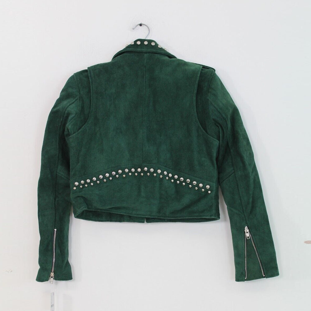 Green Spiked Suede Leather Studded Jacket For women