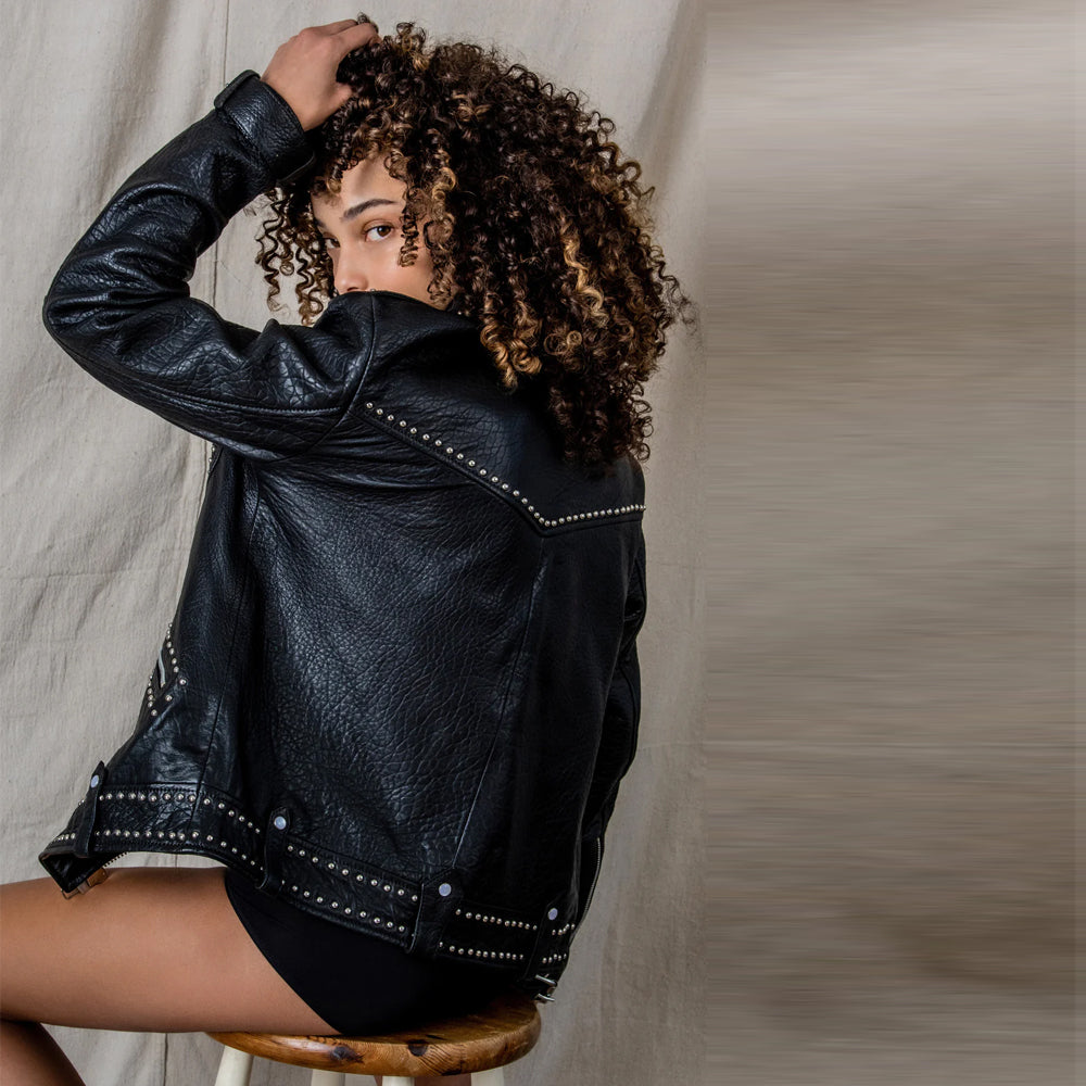 Women Black Studded Moto Jackson Pebbled Original Leather Jacket