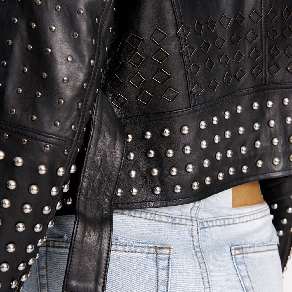 Women Black Studded Motorbike Spiked Leather Jacket