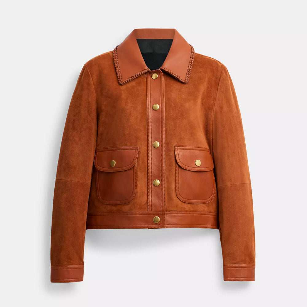 Women Brown Braided Western Suede Leather Jacket