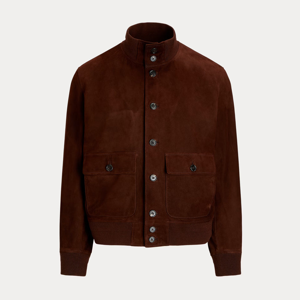 Men's brown suede leather jacket front view with button-up closure and classic bomber design.