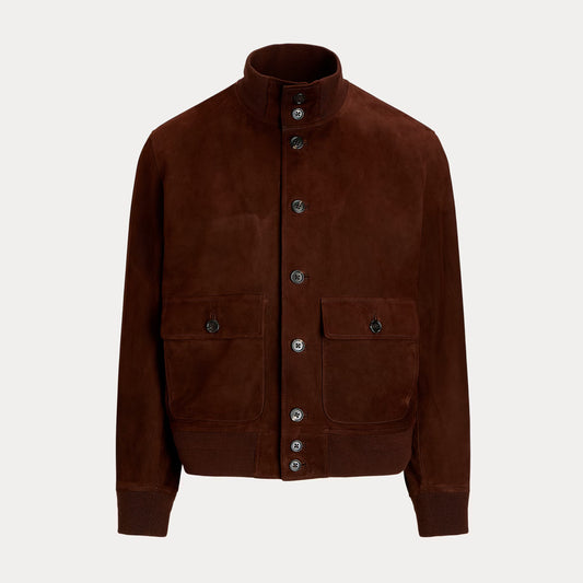 Men's brown suede leather jacket front view with button-up closure and classic bomber design.