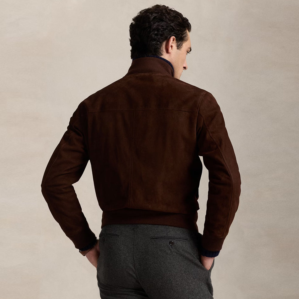 Back view of a men's brown suede leather jacket with a tailored fit and elastic waist for comfort.