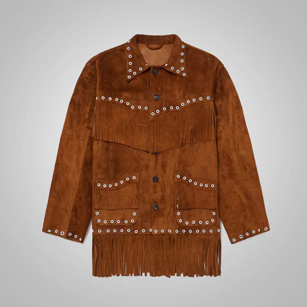 Men’s genuine brown suede leather jacket with fringe, front view showing classic Western design and button closure.