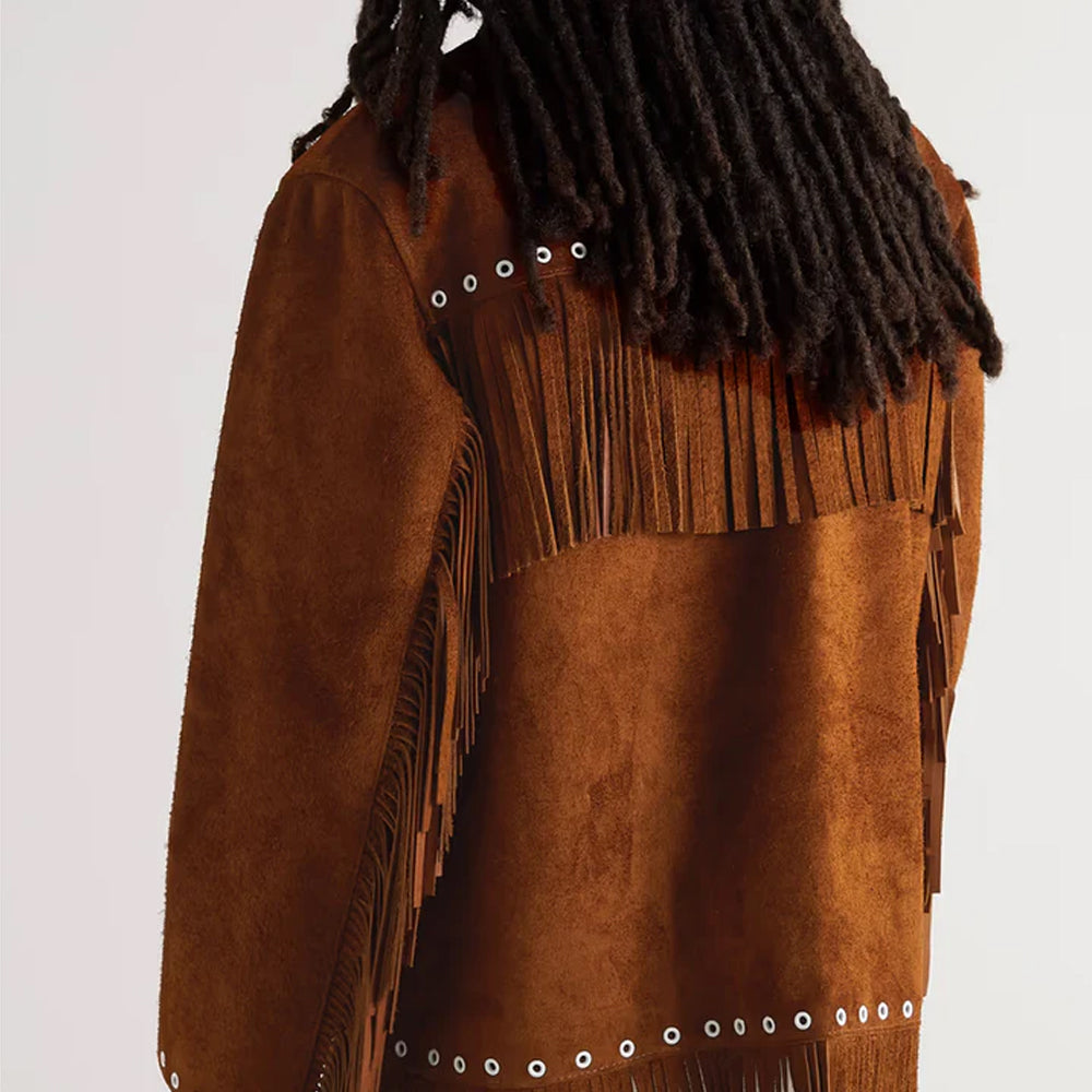 Back view of a man wearing the genuine brown suede leather jacket with fringe, highlighting the classic Western style.