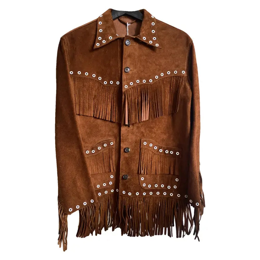 Front view of the men's brown suede leather jacket with fringe, showcasing the spread collar and button closure.