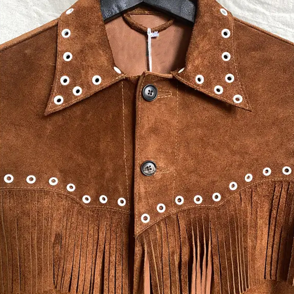 Close-up of the spread collar on the men's brown suede leather jacket, highlighting the attention to detail and craftsmanship.