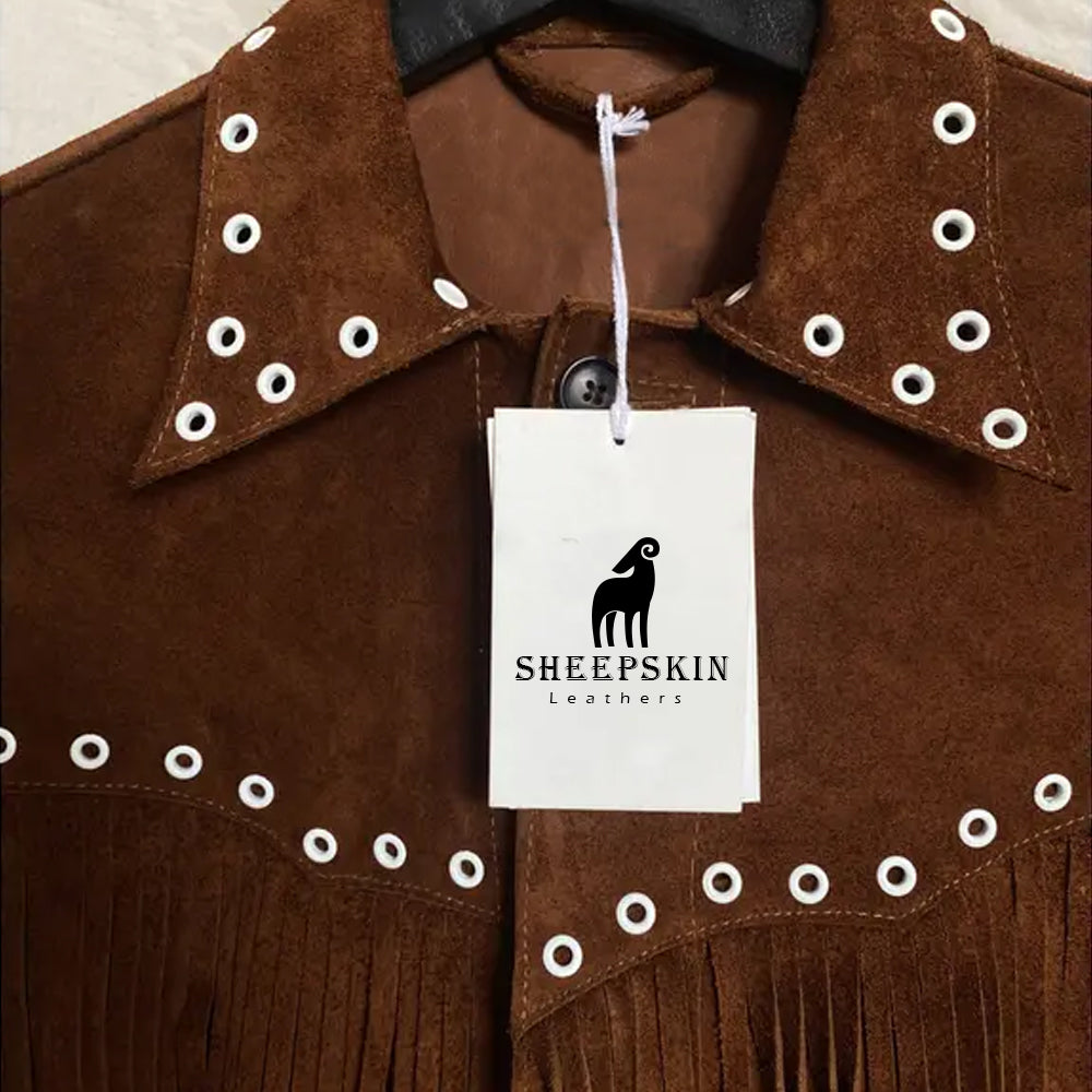 Close-up of the spread collar with the Sheepskin Leathers tag, showcasing premium craftsmanship.