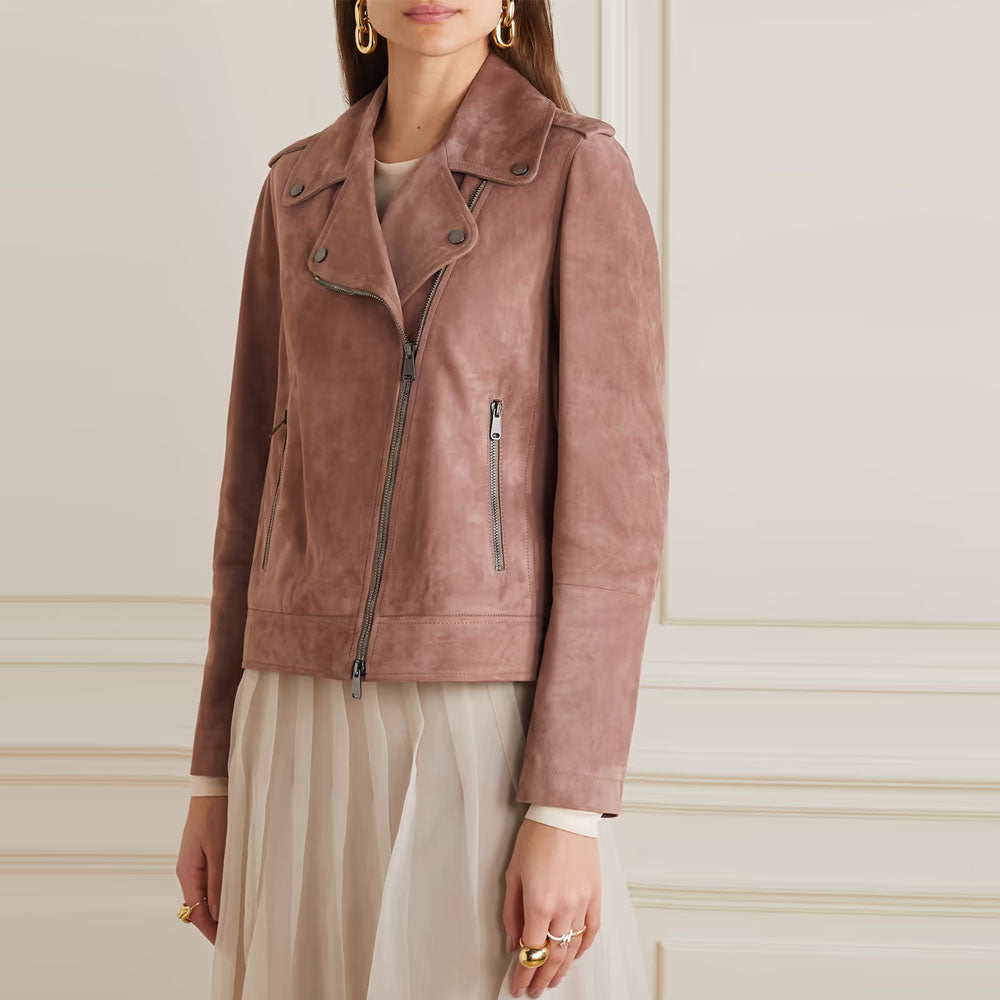 Pink Biker Western Lambskin Women Suede Jacket