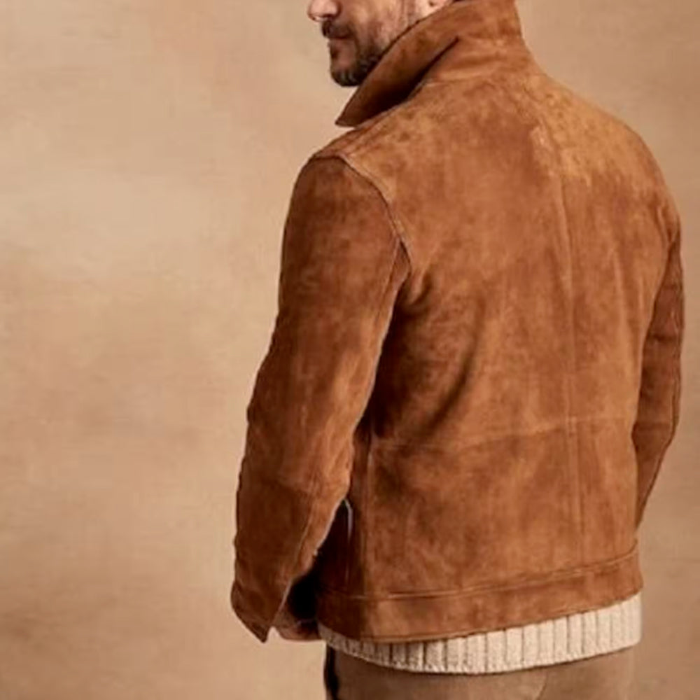 Man wearing a brown suede leather jacket, showing the back design with clean lines and tailored fit.