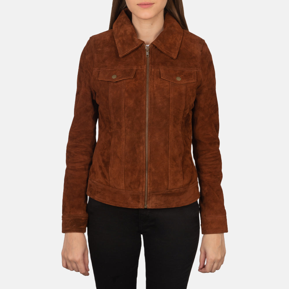 New Women Brown Suzy Trucker Leather Suede Jacket