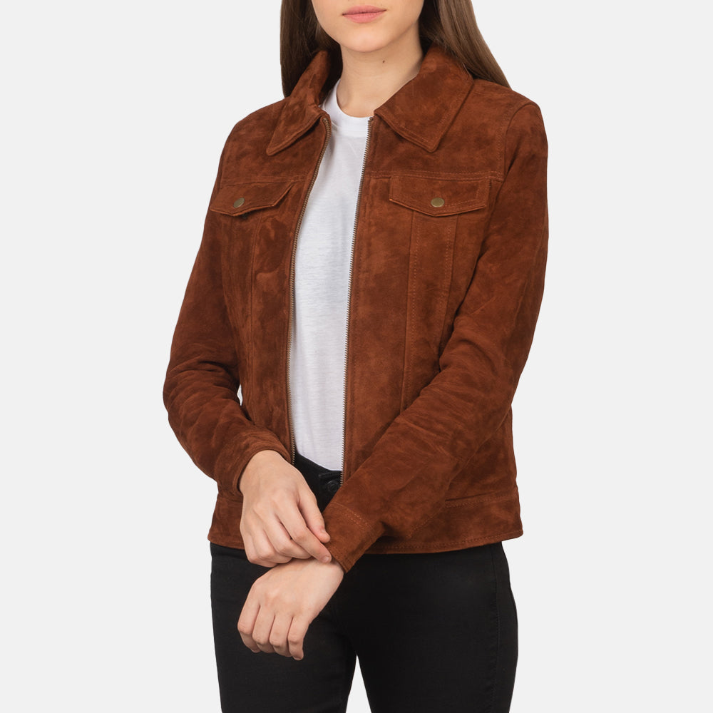 Women Brown Suzy Trucker Leather Suede Jacket