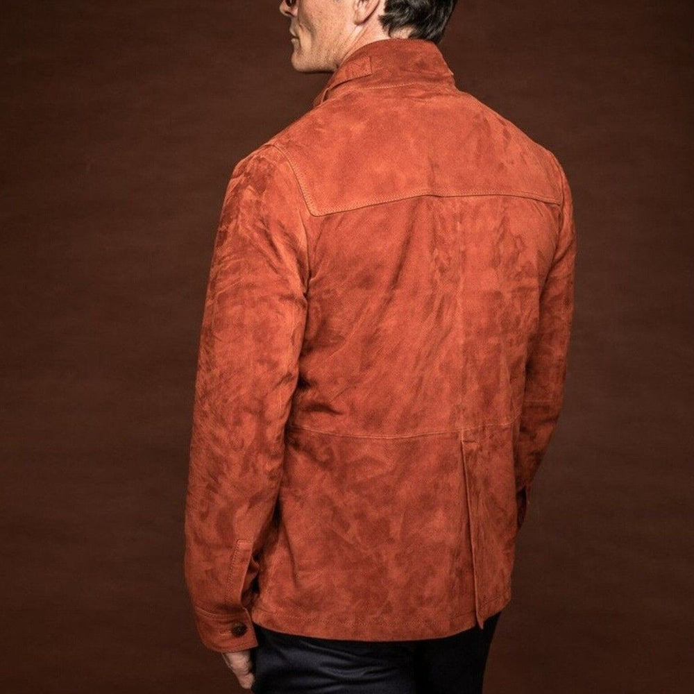 Back view of a man wearing a men's brown suede lambskin leather jacket, highlighting the tailored fit and sleek design.