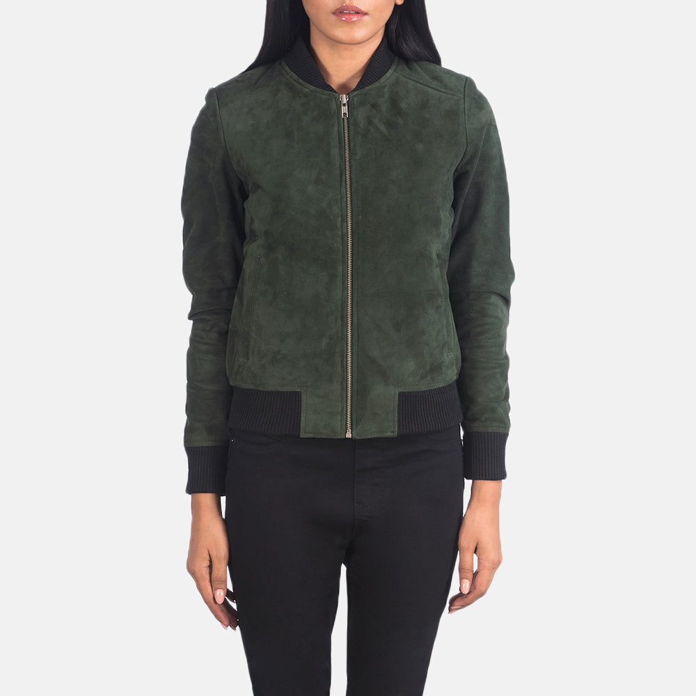 New Women Green Bomber Western Leather Suede Jacket