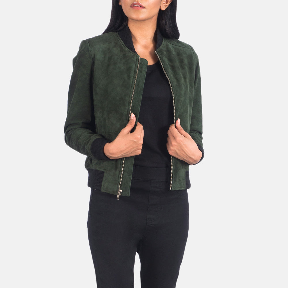 Women Green Bomber Western Leather Suede Jacket