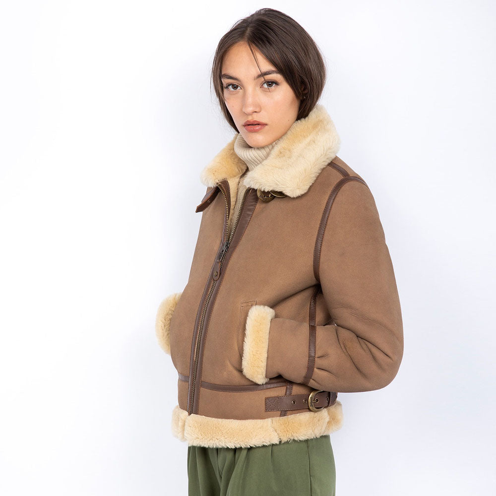 Brown Aviator Bomber Sheepskin Leather Shearling Jacket For Women