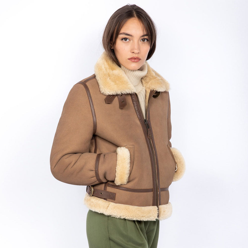 Brown B3 Bomber Sheepskin Leather Shearling Jacket For Women