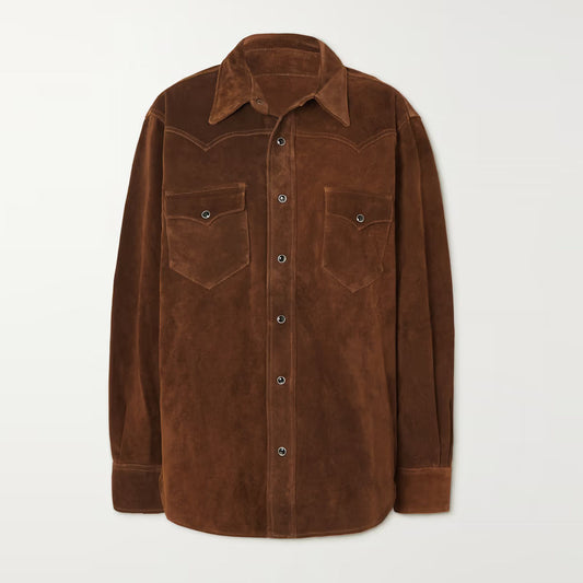 New Women Brown Trucker Shirt Style Western Suede Leather Jacket