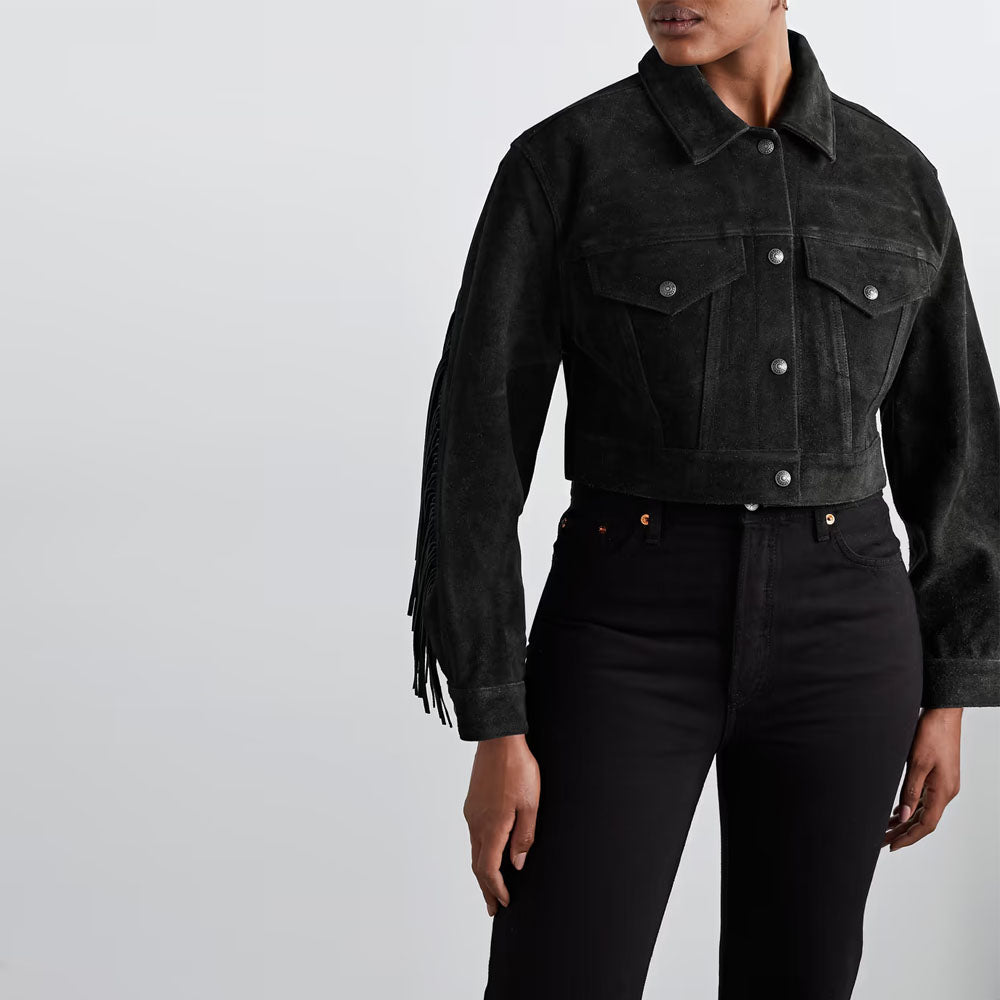 Black Western Cropped Fringed Women,s Suede Leather Jacket